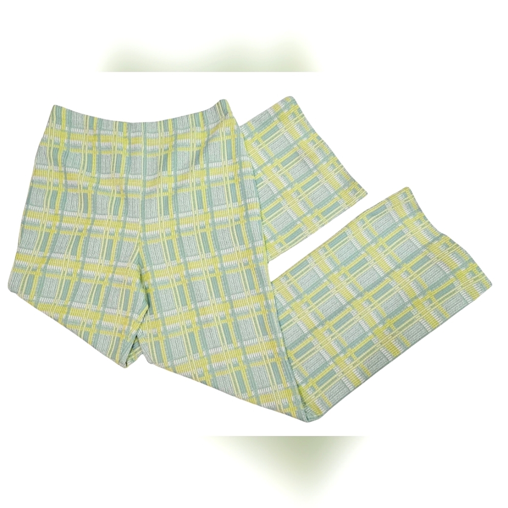 Vintage 70s Center Stage Plaid Yellow and Green Pants Wide Leg Polyester Size 12